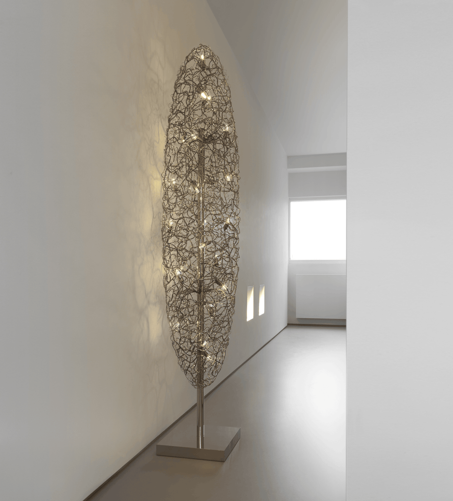 Crystal Waters Floor Lamp with intricate metal mesh frame and glowing lights