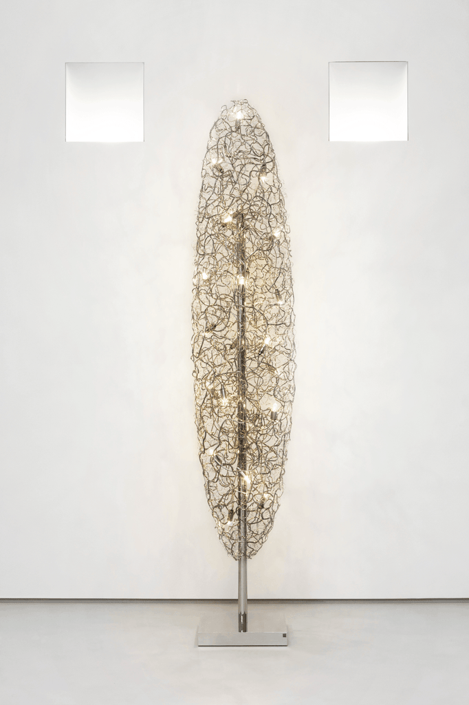 Crystal Waters Floor Lamp with sculptural wire mesh body and embedded small lights