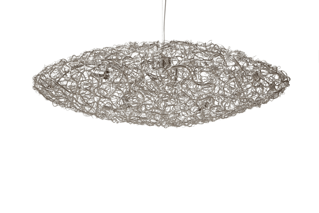 Modern silver-toned woven metal pendant light from Crystal Waters Hanging Lamp Cigar collection