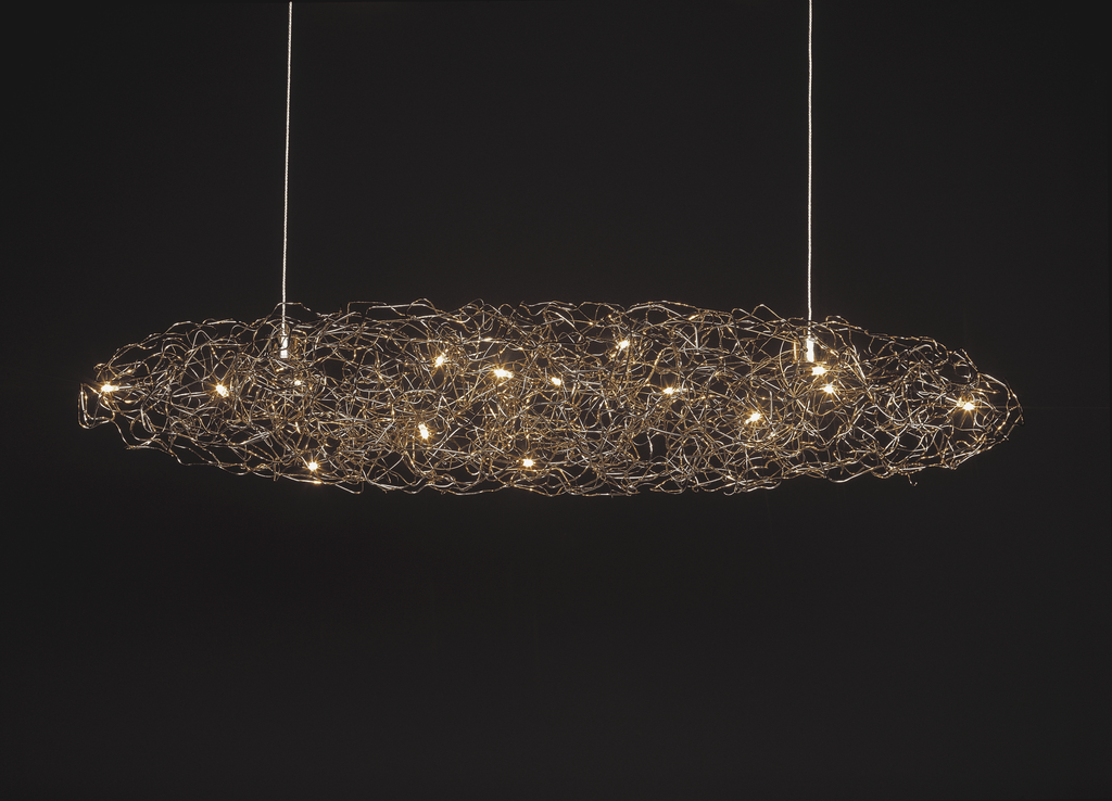 Crystal Waters Hanging Lamp Cigar with modern tangled wire design and glowing bulbs