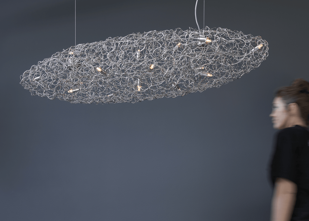 Oval-shaped tangled wire chandelier with exposed bulbs for Crystal Waters Hanging Lamp Cigar