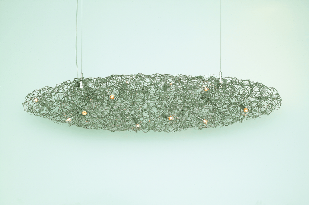 Contemporary Crystal Waters Hanging Lamp Cigar with metal wire chandelier and small bulbs