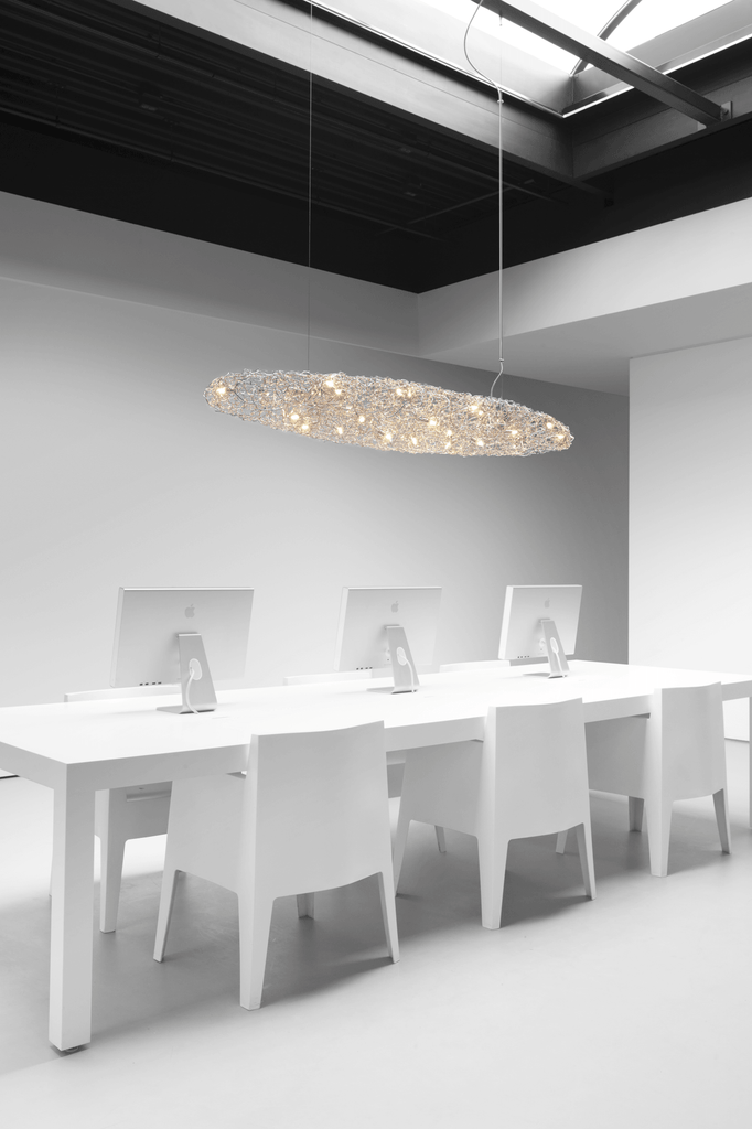 Crystal Waters Hanging Lamp Cigar featuring an oval-shaped chandelier with glowing lights