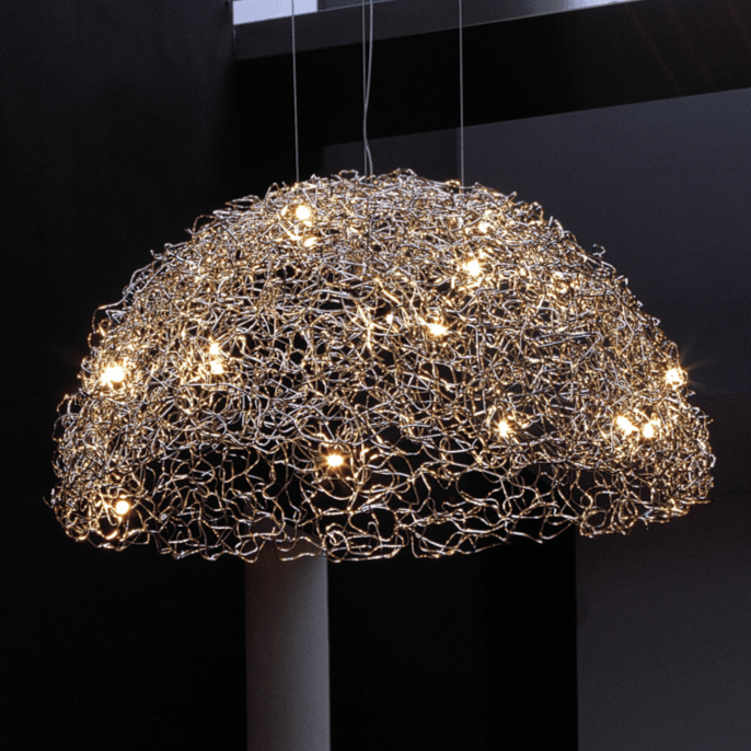 Modern dome-shaped Crystal Waters Hanging Lamp Hood with metallic wire mesh and illuminated bulbs