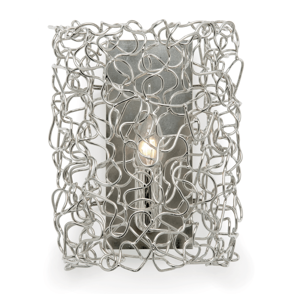 Crystal Waters Wall Lamp with tangled silver wire mesh shade and visible incandescent bulb