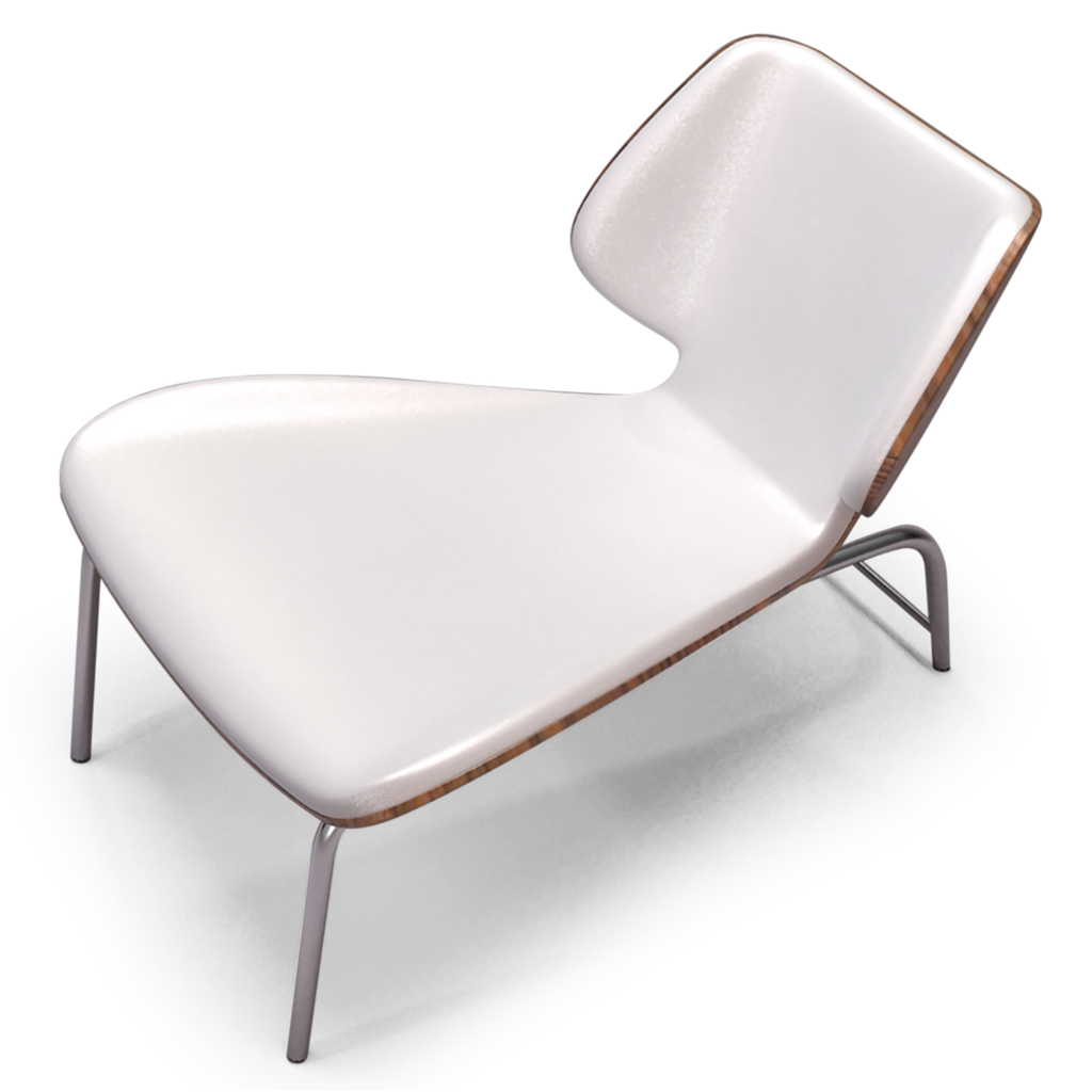 Cue Lounge white upholstered lounge chair with dark wood trim and metal legs
