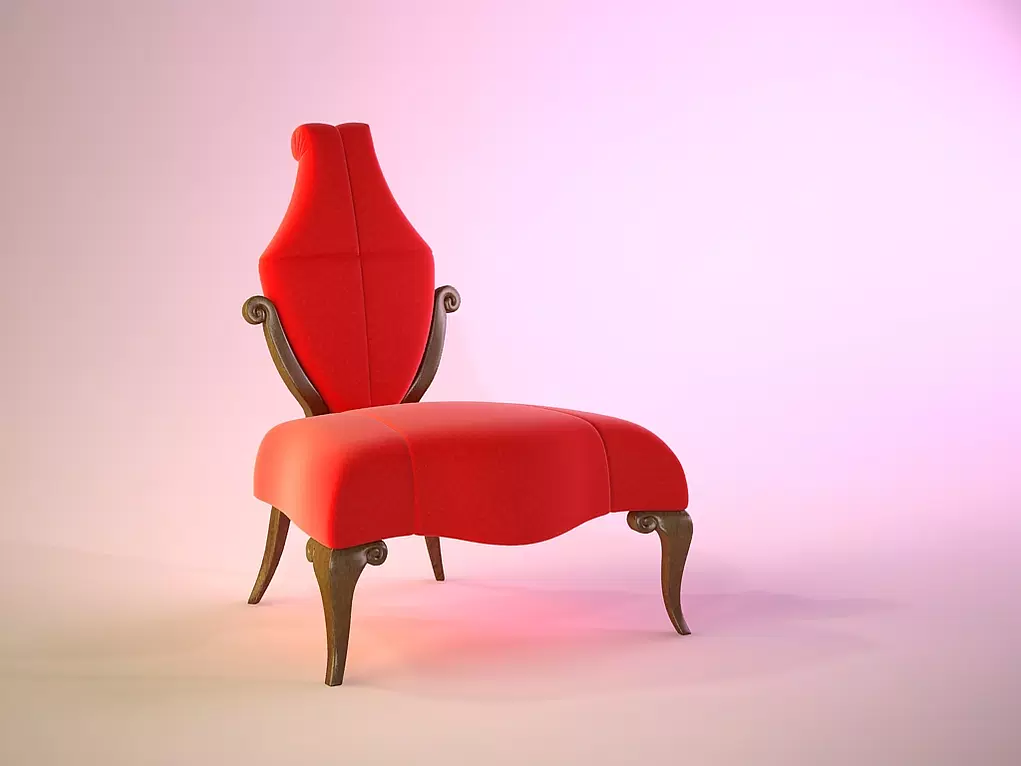 Culina Chair red upholstered chaise longue with ornate dark wooden legs and armrests