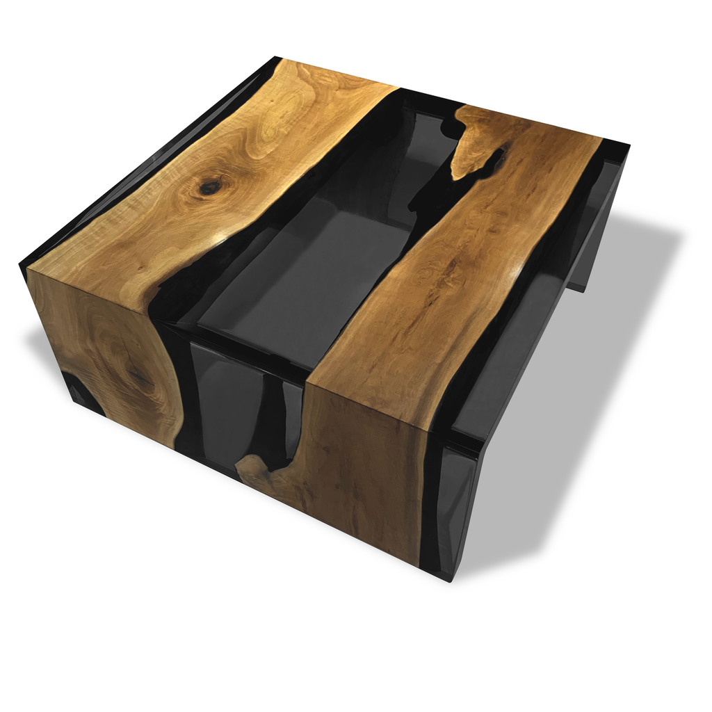 Dark Waterfall Walnut Wood Coffee Table with natural live edge and black resin accents