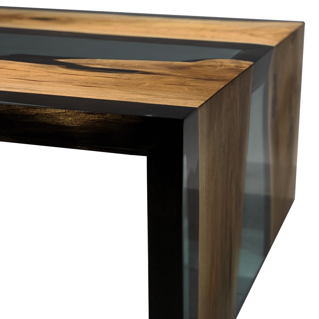 Modern Dark Waterfall Walnut Wood Coffee Table with black resin river design