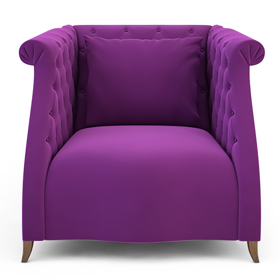 Purple fabric Delano Chair with tufted armrests, loose back cushion, and wooden tapered legs