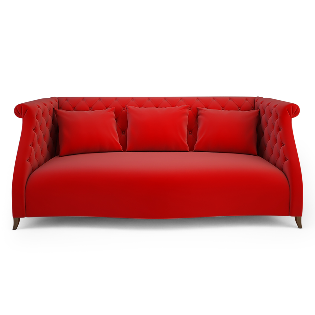Delano Sofa featuring a red velvet tufted design with three cozy throw pillows