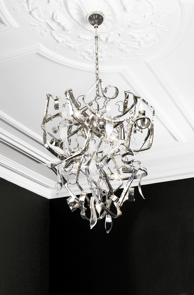Modern Delphinium Chandelier Conical with chrome finish and abstract interwoven metal design