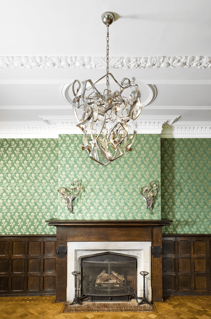 Delphinium Chandelier Conical with ornate multi-tiered clear glass and metallic accents