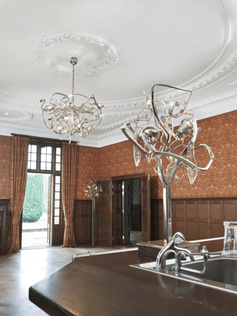 Delphinium Chandelier Conical with ornate silver-toned metal frame and multiple lights