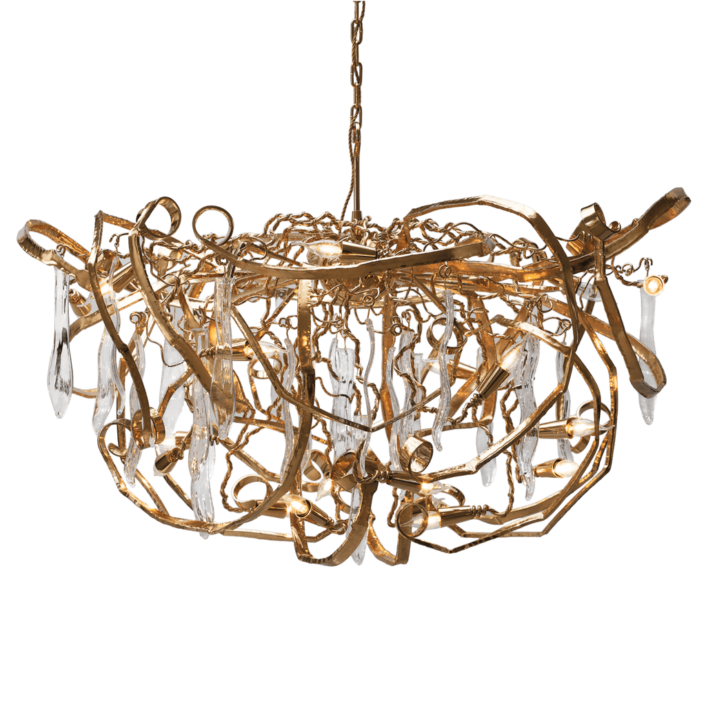 Gold-colored Delphinium Chandelier Oval with clear crystal accents for elegant lighting