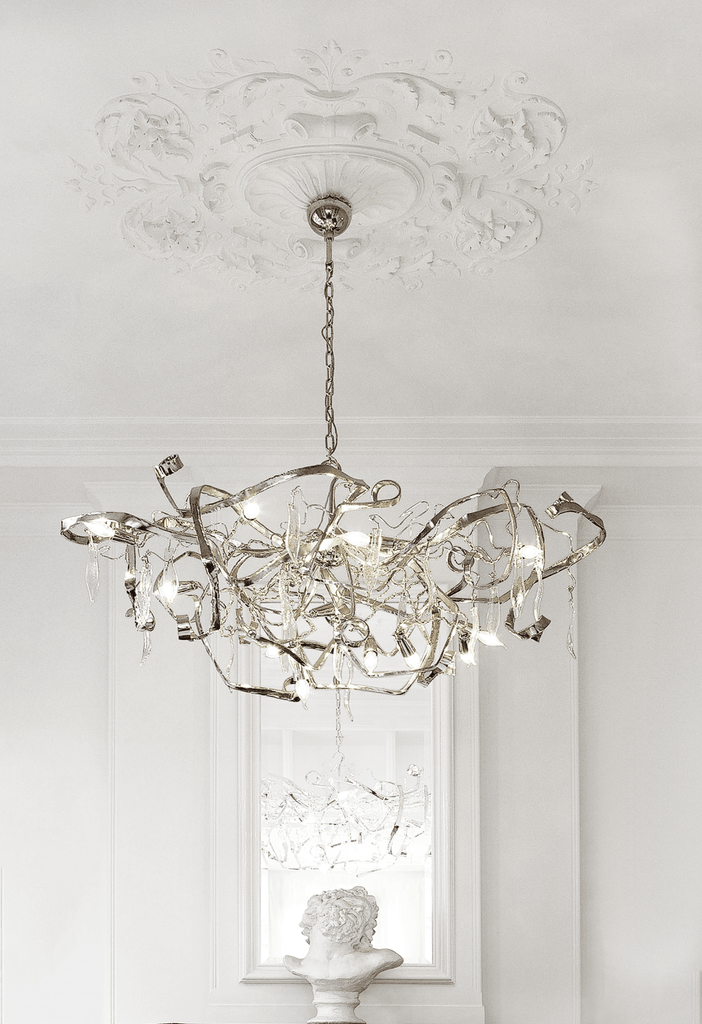 Delphinium Chandelier Oval with silver frame and clear glass elements for elegant decor