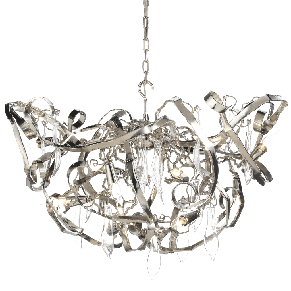 Delphinium Chandelier Round with twisted metal ribbons polished nickel finish and glass accents
