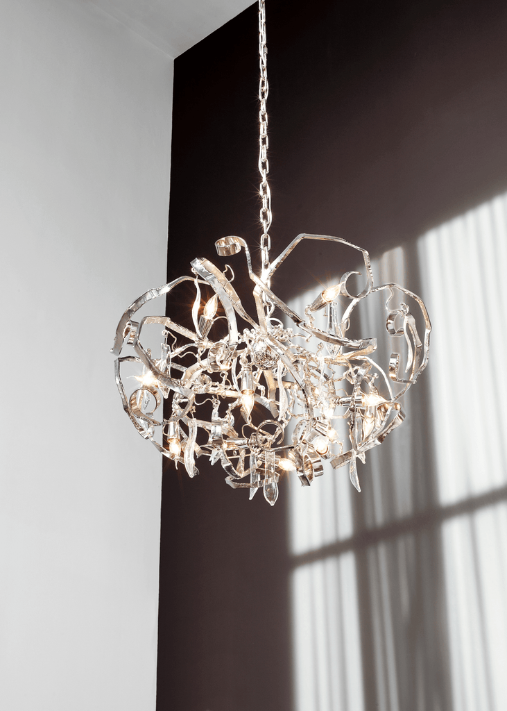 Modern Delphinium Chandelier Round with chrome finish and multiple light sources