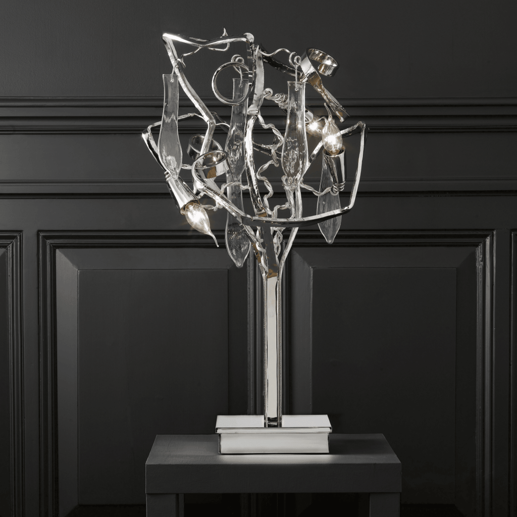 Delphinium Table Lamp with polished chrome branch design and clear glass accents