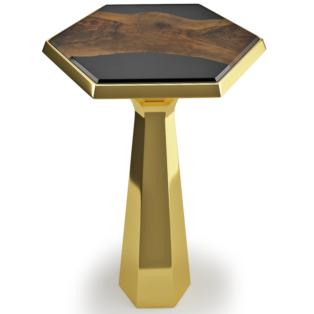 Gold-plated Despoina Walnut Wood Hexagonal End Table with dark resin top featuring natural wood grain