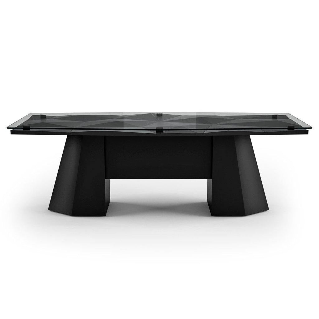 Black modern dining table with clear glass top for Diamond Deluxe Office Desk setup