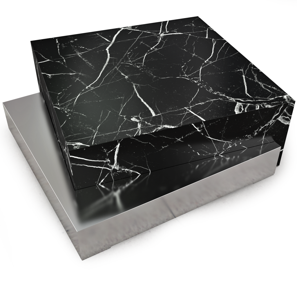 Docimium Marble Coffee Table with black marble top and metallic silver base