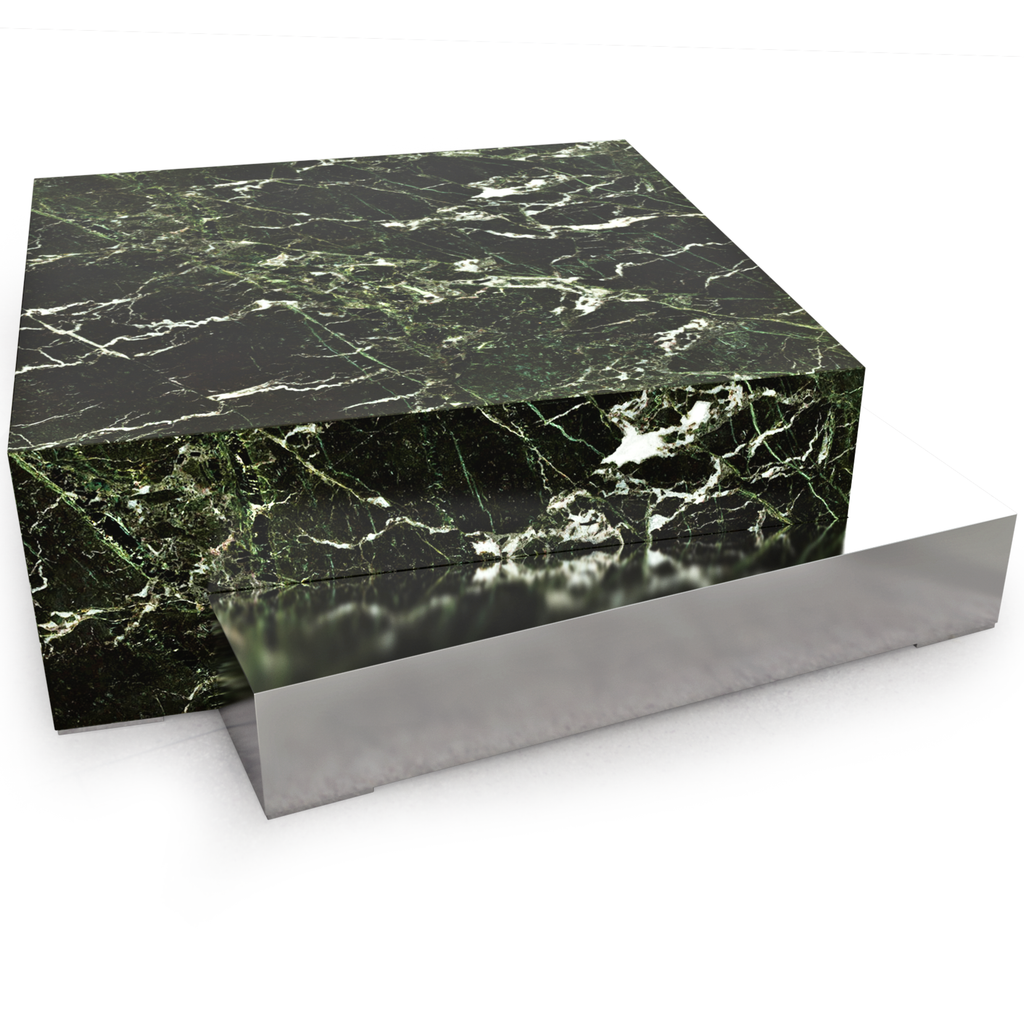 Polished Docimium Marble Coffee Table with black and green marble and silver blade