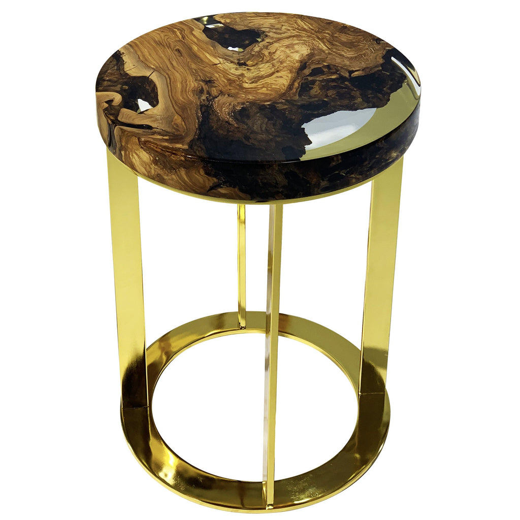 Dodona Olive Wood End Table with polished wood and resin top and gold metal base