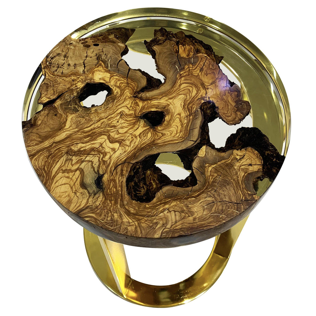 Dodona Olive Wood End Table with clear resin top and polished gold metal base