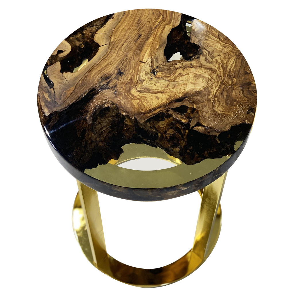Dodona Olive Wood End Table with round epoxy resin top and golden metal base