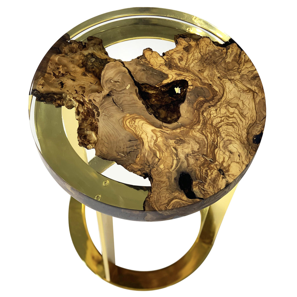 Dodona Olive Wood End Table with natural wood slab top in clear resin and gold base