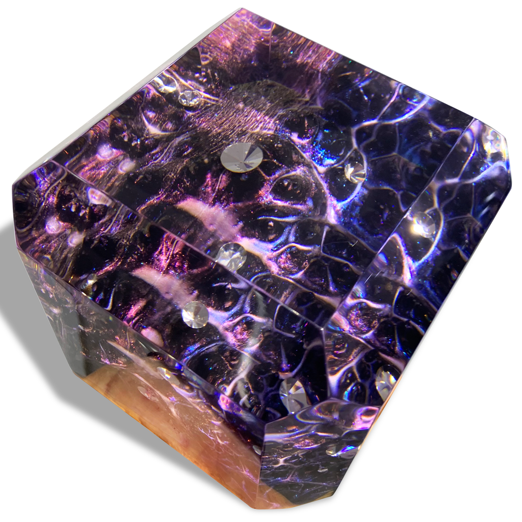 Dream Space Amethyst Cube showcasing purple and blue resin art with embedded crystals