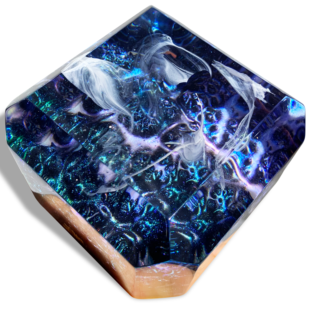 Dream Space Blue Cube resin art with galaxy-inspired swirling patterns in a clear diamond shape