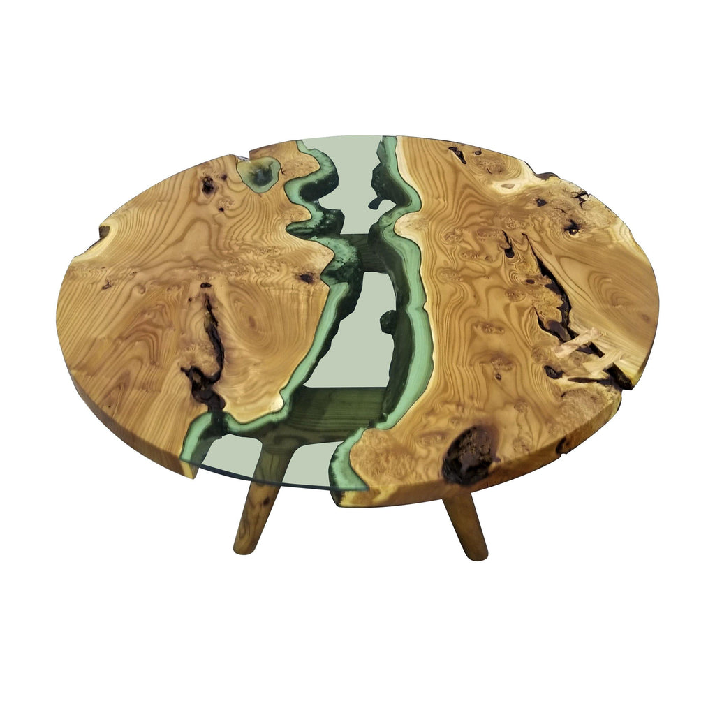 Elysion Glass River Coffee Table with live-edge wood and resin river design