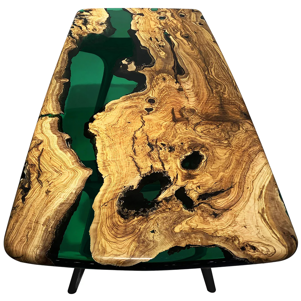 Elysion Green River Olive Wood Dining Table with live edge green resin river design