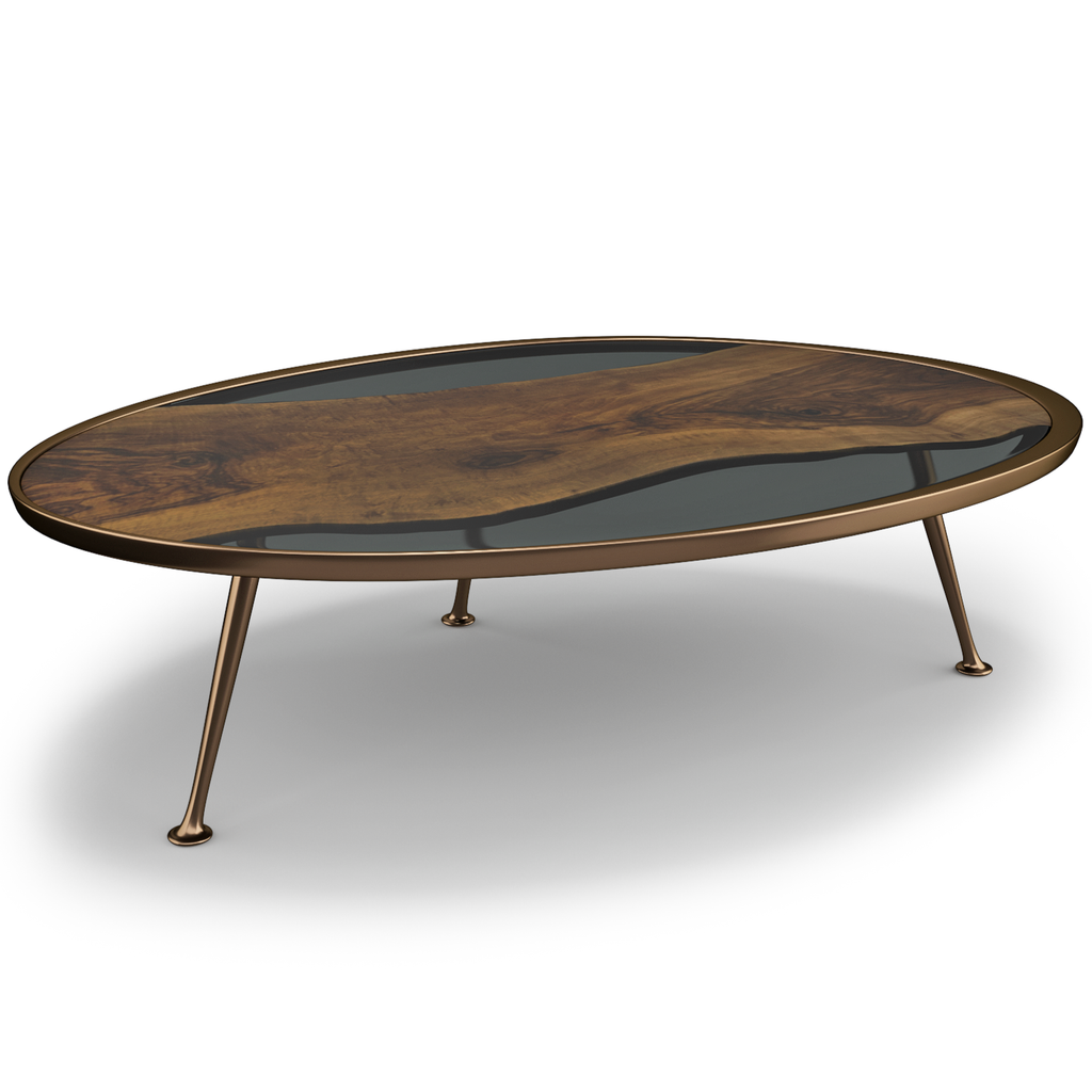 Eolia Walnut Wood Coffee Table with live-edge walnut top and river inlay on metal legs