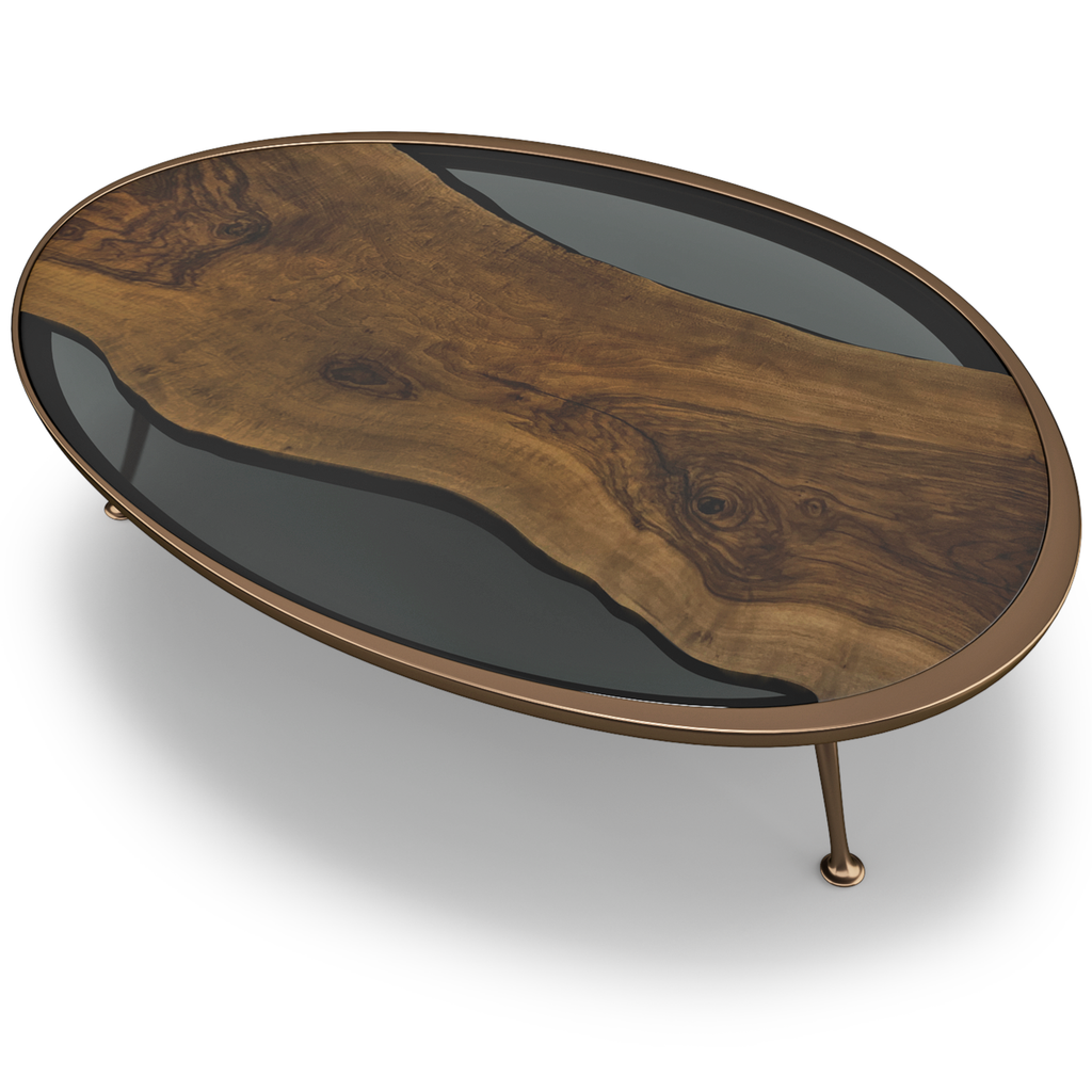 Eolia Walnut Wood Coffee Table with oval shape, live-edge walnut wood slab, and dark resin inlay