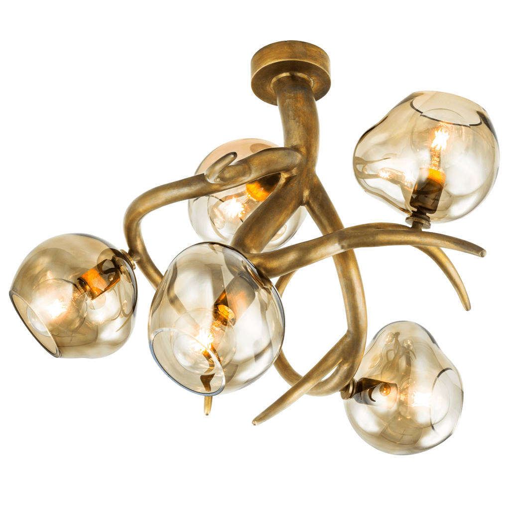 Ersa Ceiling Chandelier with five amber glass globes and antique brass finish