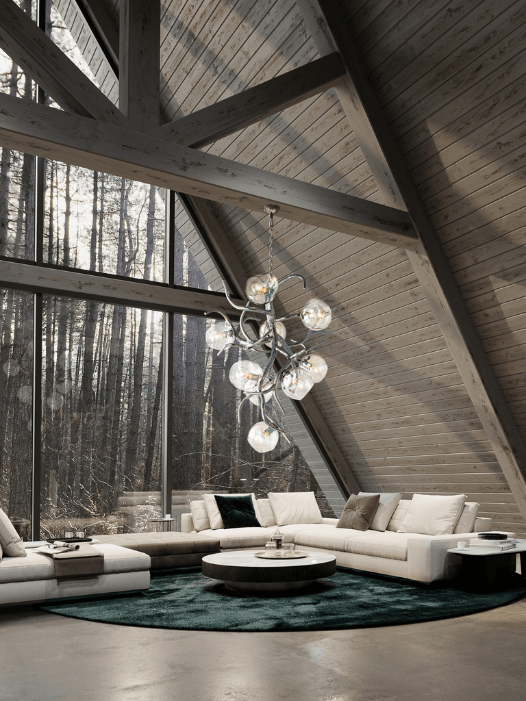 Ersa Chandelier Conical with glass globes hanging from a curved metal frame
