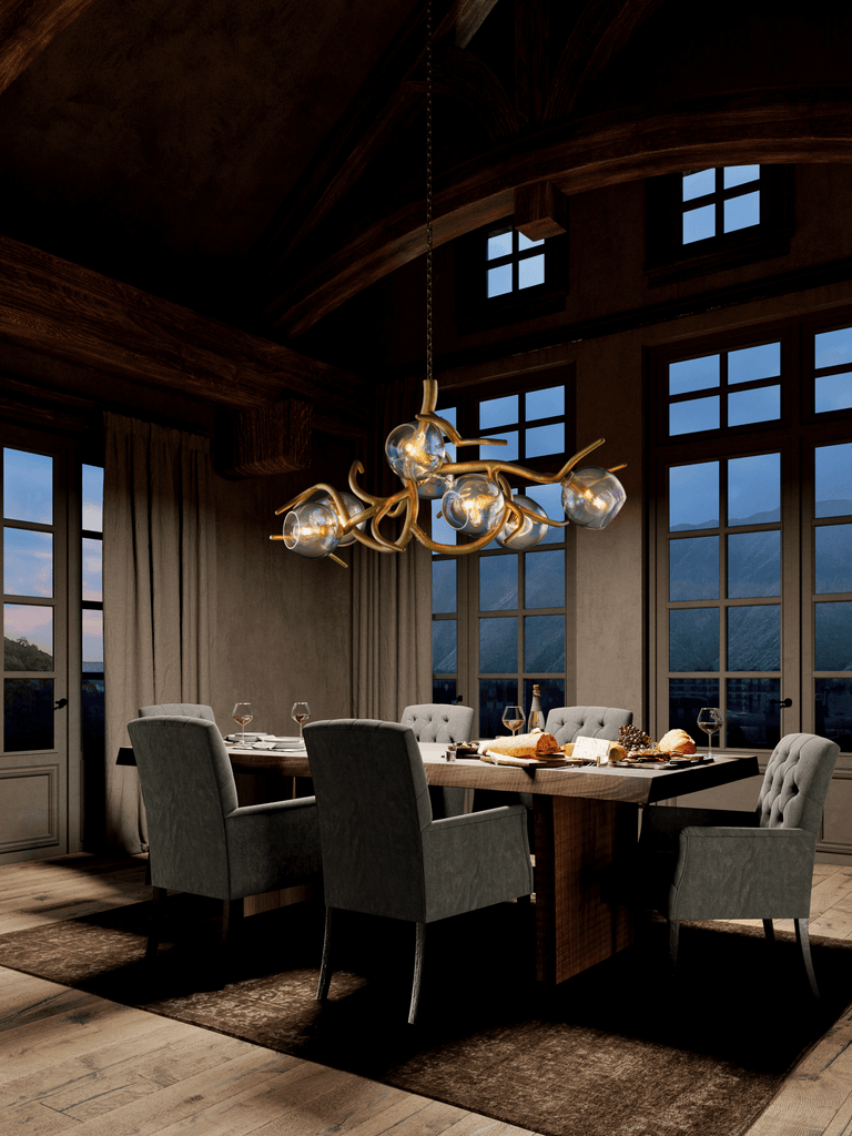 Ersa Chandelier Oval with multi-bulb clear glass globes and gold-colored branching frame