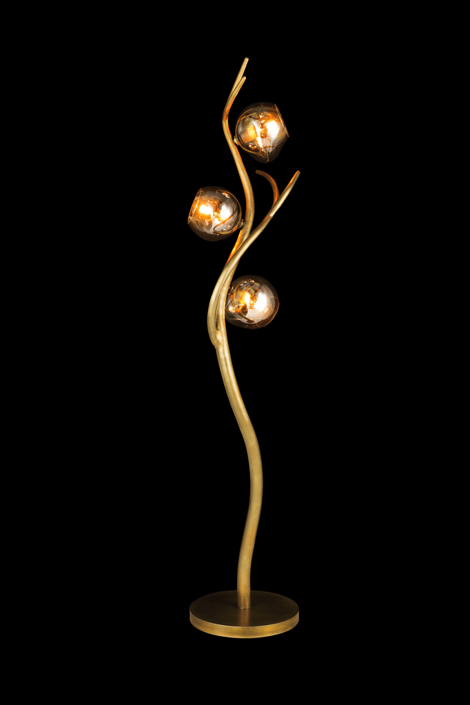Ersa Floor Lamp with ornate bronze-gold finish and three amber glass shades