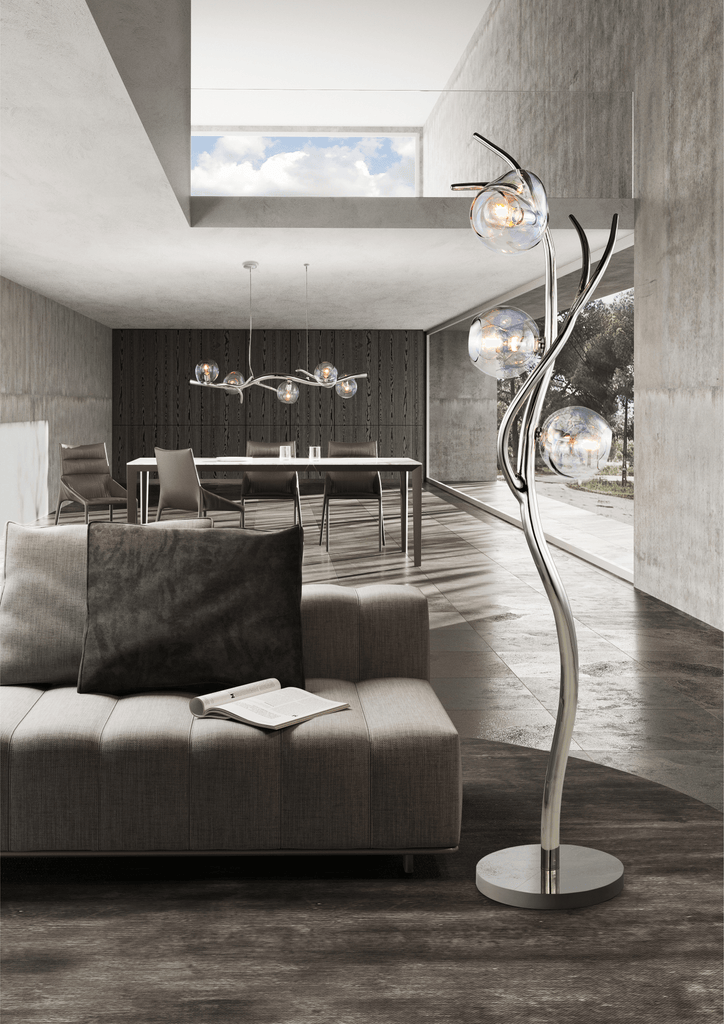 Ersa Floor Lamp with modern sculptural design, polished chrome finish, and glass orb shades