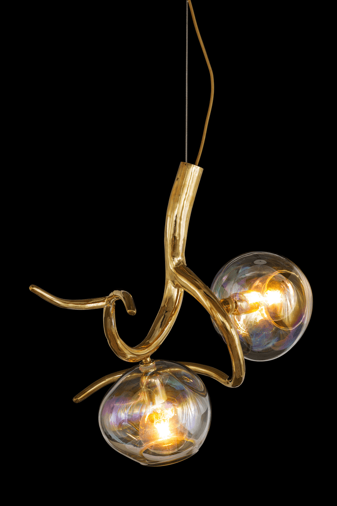 Gold-colored Ersa Hanging Lamp Element with two glowing iridescent glass globes