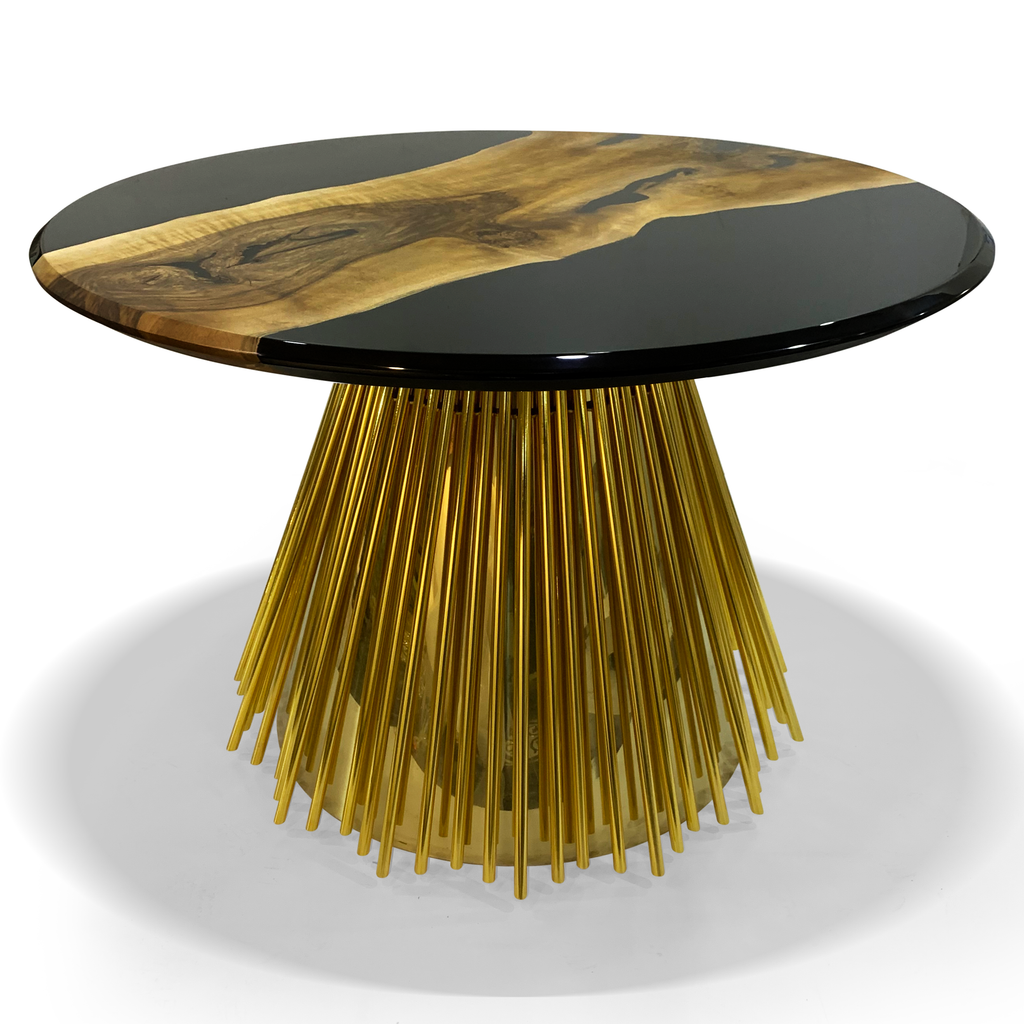 Eskulape Center Table with black resin and natural wood slab top and gold spiky metal base