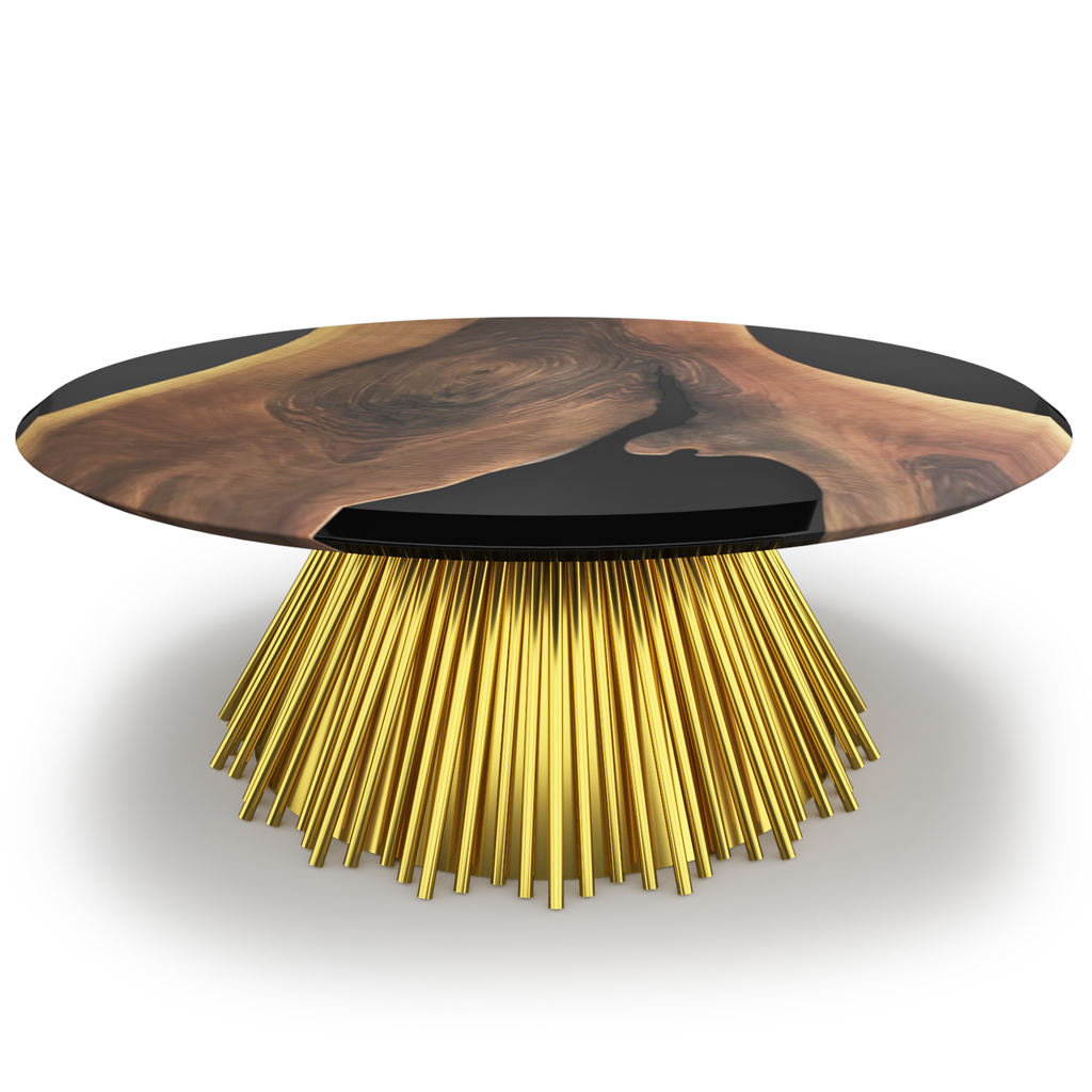 Eskulape Walnut Wood Round Coffee Table with dark resin-filled top and gold spiky base