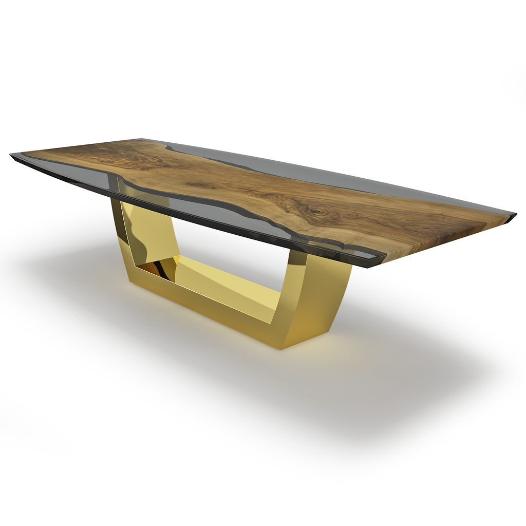 Evadne Walnut Wood Dining Table with live-edge wood top and gold-finish base