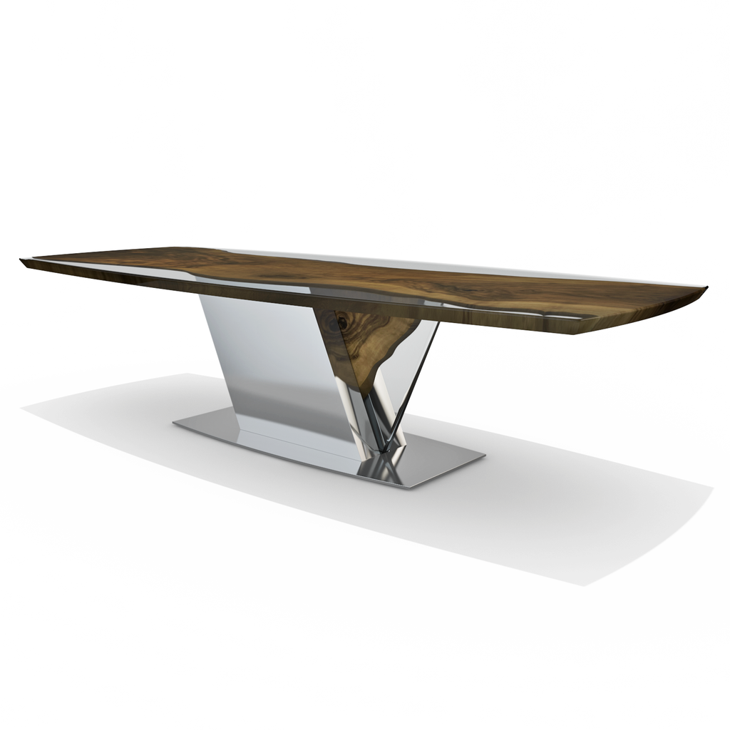 Evandros Walnut Dining Table with live edge wood top and polished metal base
