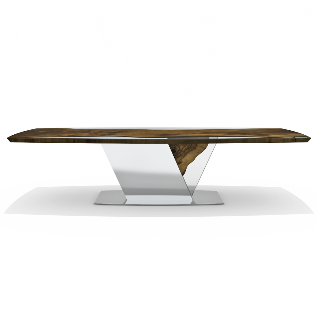 Evandros Walnut Dining Table with dark wood top glass legs and silver metal base