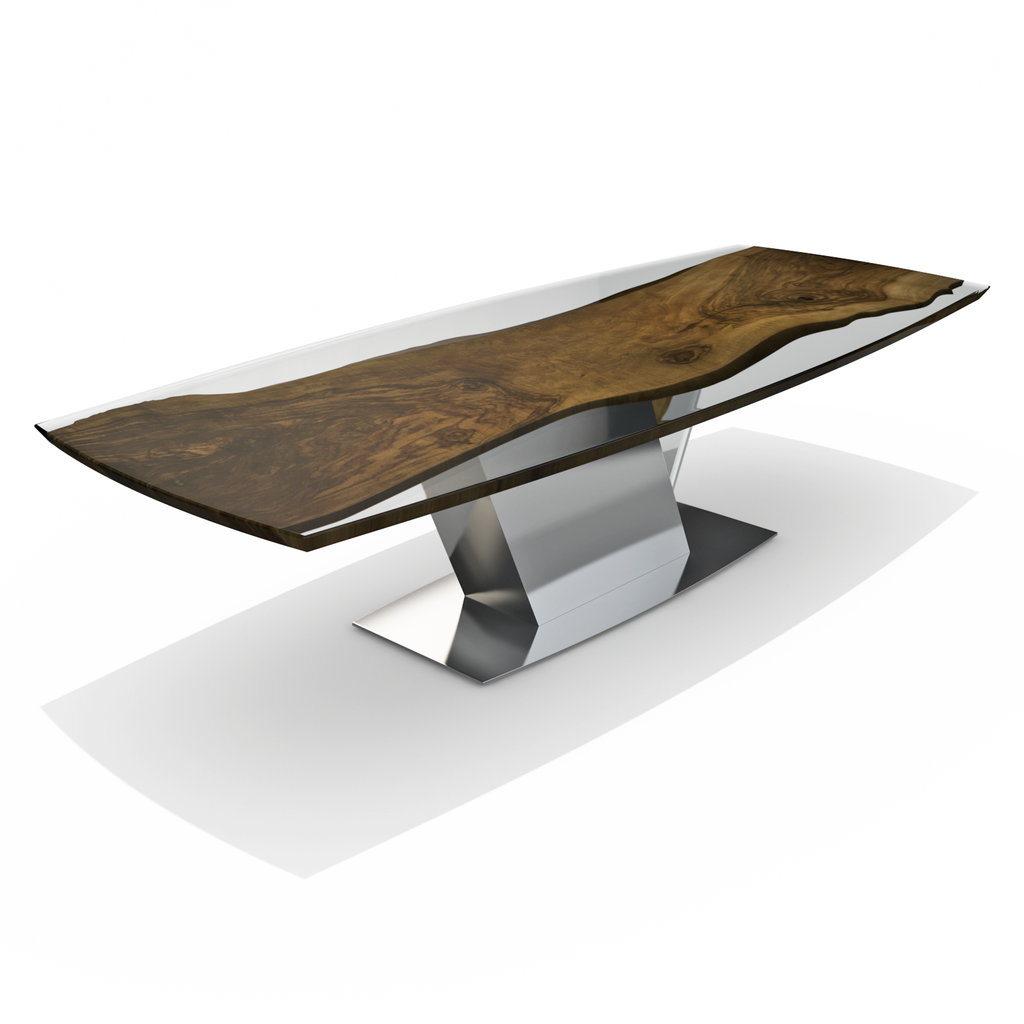 Evandros Walnut Dining Table with live-edge wood top and chrome pedestal base