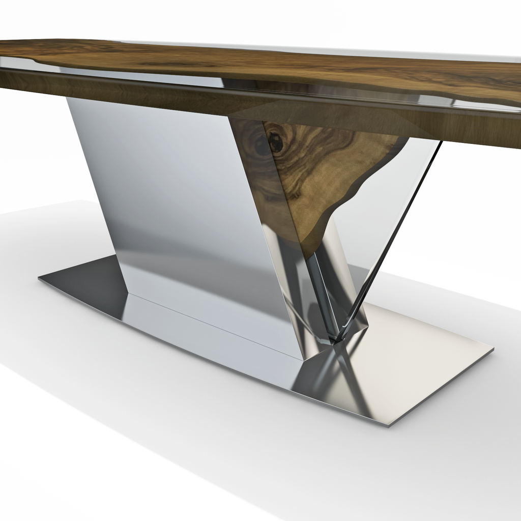 Evandros Walnut Dining Table with live-edge wooden top and polished metal glass base